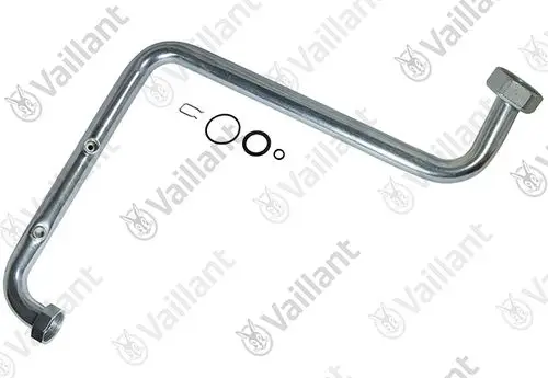 Edelstahlrohr von Vaillant mit gebogenem Verlauf, ausgestattet mit Gewinde und zwei Öffnungen. Dazu gehören O-Ringe und eine Sicherungsclip.